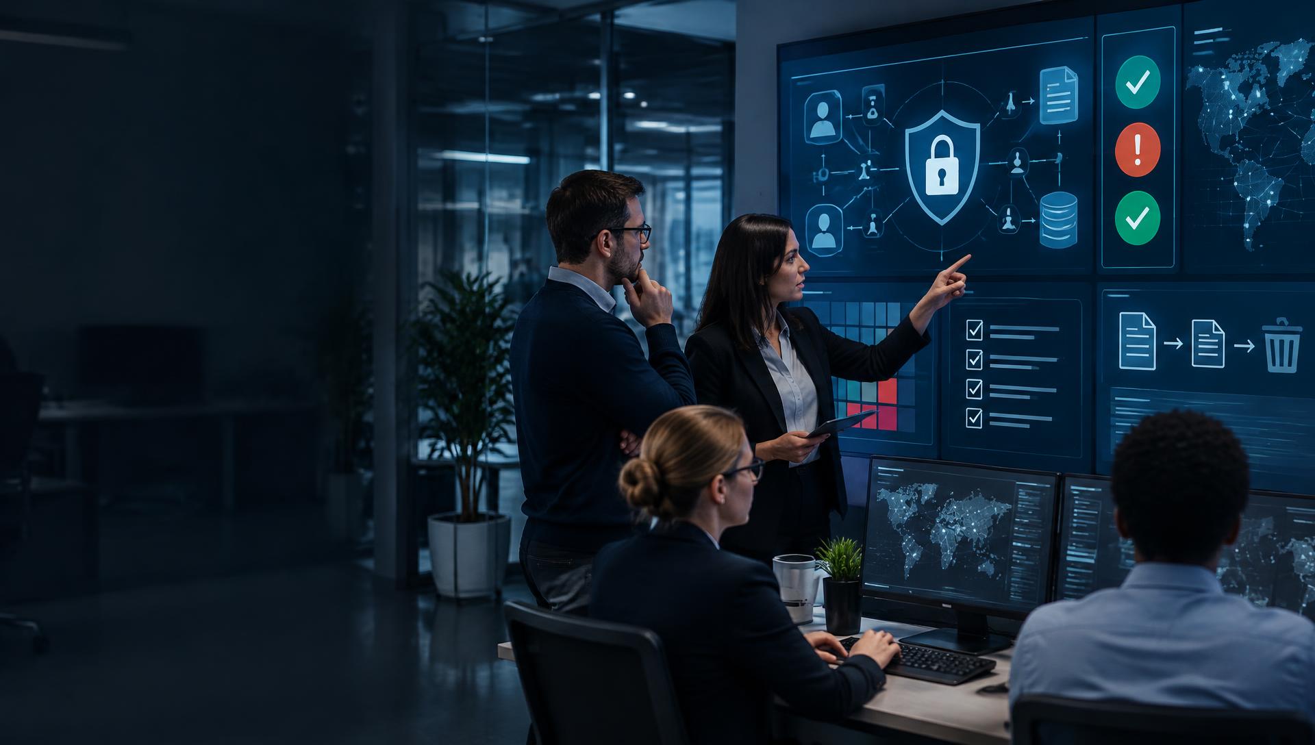 Echipă de conformitate analizând protecția datelor și riscurile informaționale